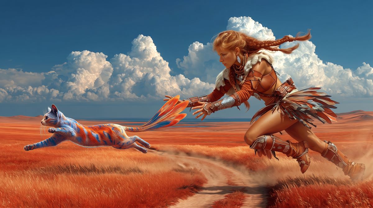 Liana in the Loteri Lands with feather-tail cats in The Drommala Pact, Chapter 2