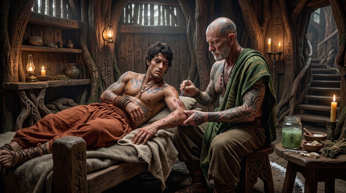 Aren Thal treating Toren Earthwhisper in a sealed chamber at the Pain Monastery in The Drommala Pact, Chapter 37