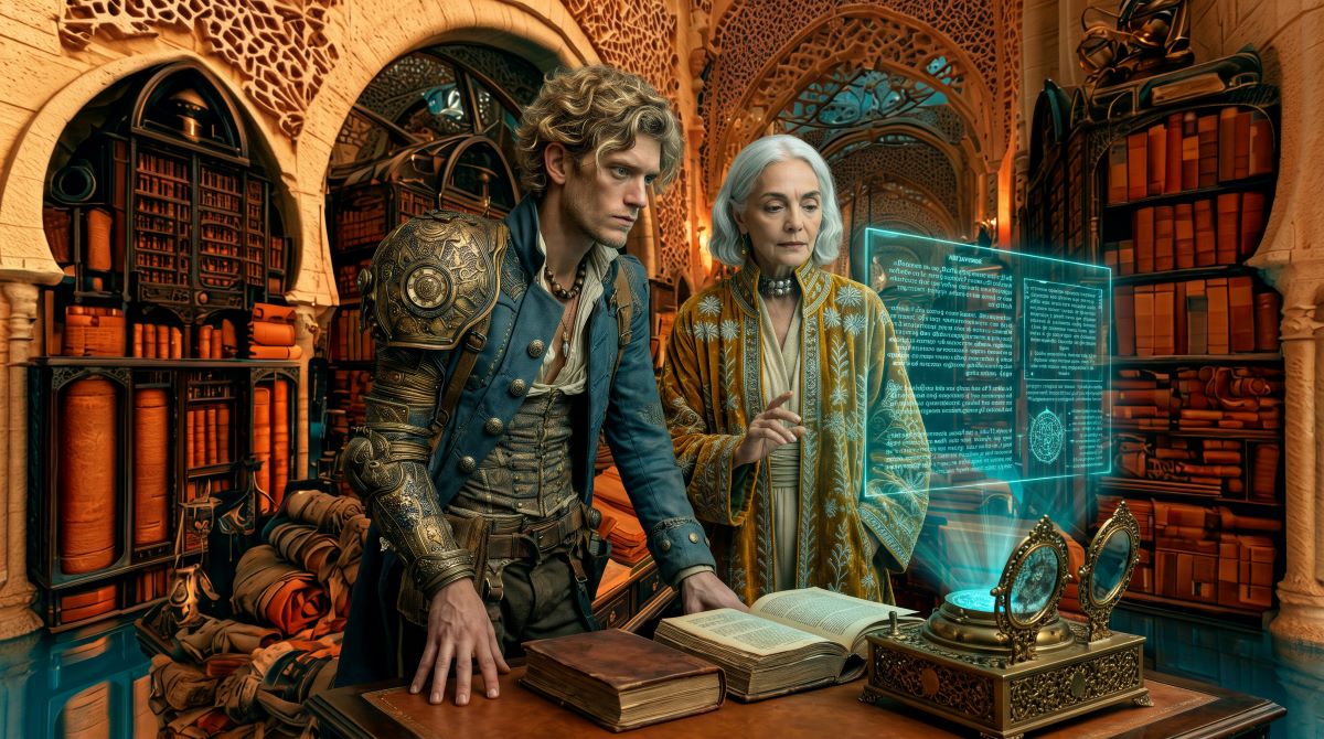 Library in the Dorian Corvell with the Senior Archivist in the Mirrors College library, Chapter 41 of The Drommala Pact